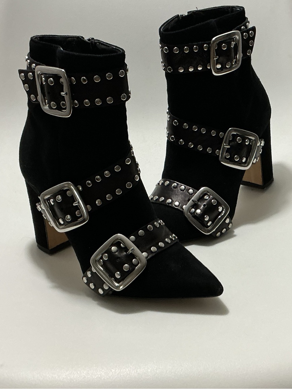 Italian Shoemakers Black Studded Pointed-Toe Buckle Ankle Boots